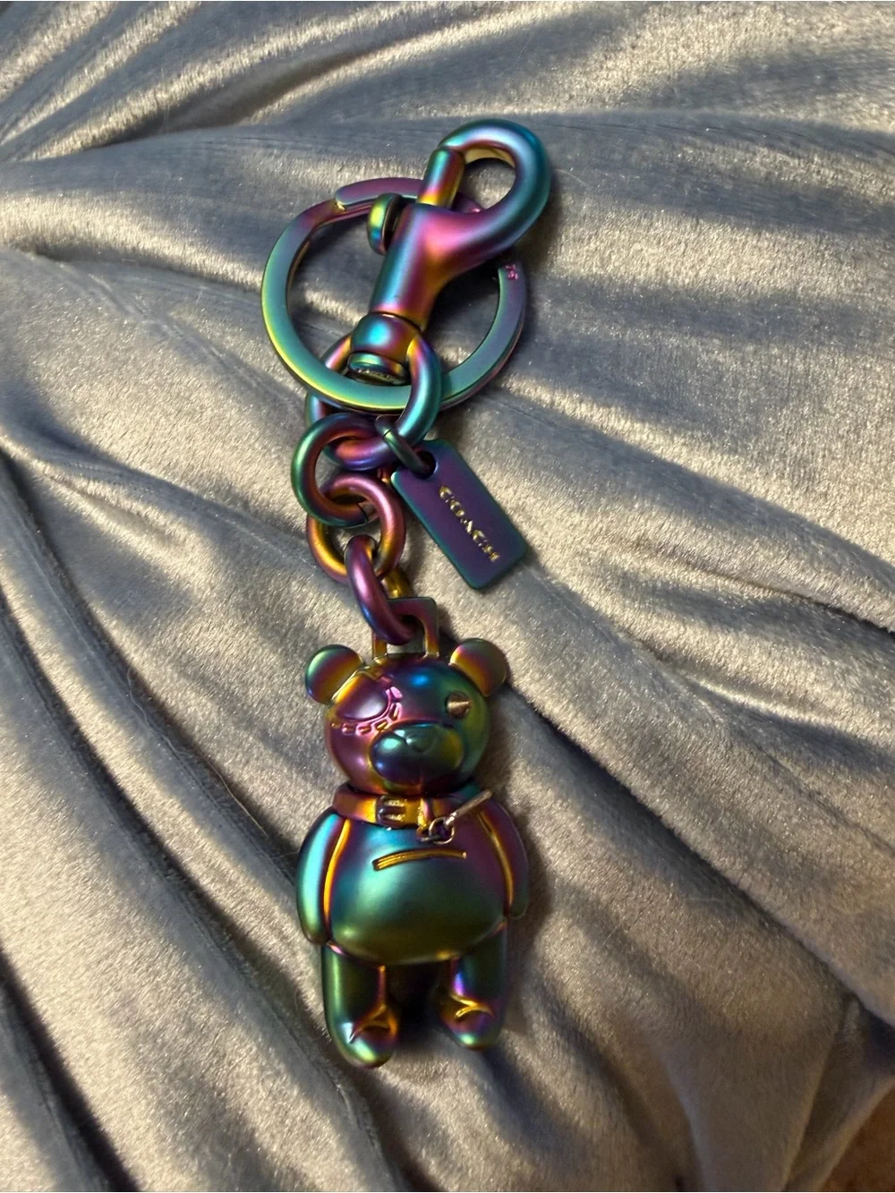 Coach Iridescent Rainbow Oil Slick Teddy Bear Keychain Charm